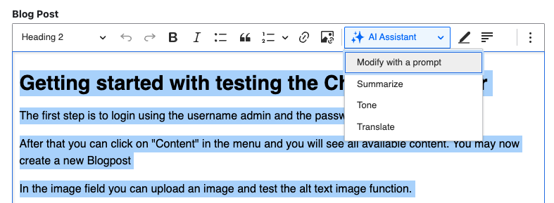 AI assistant action list in CKEditor