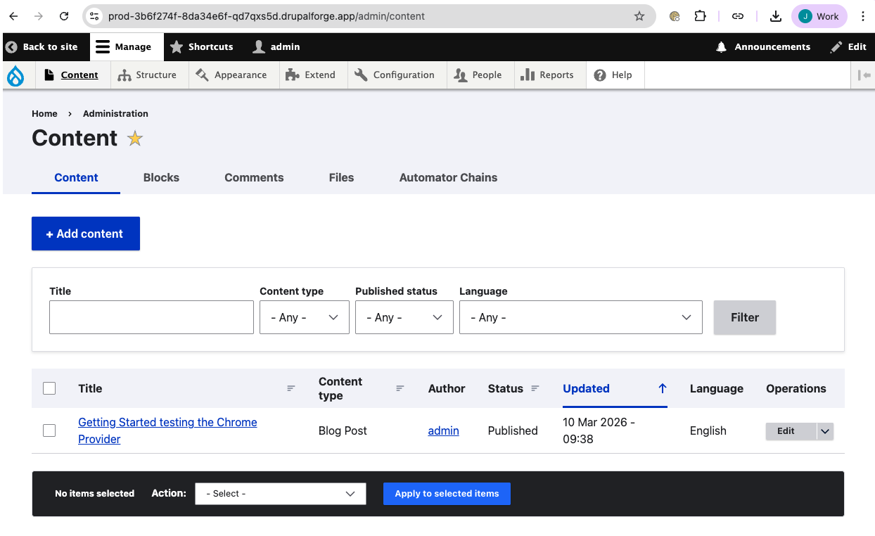 Drupal content listing screen with edit links