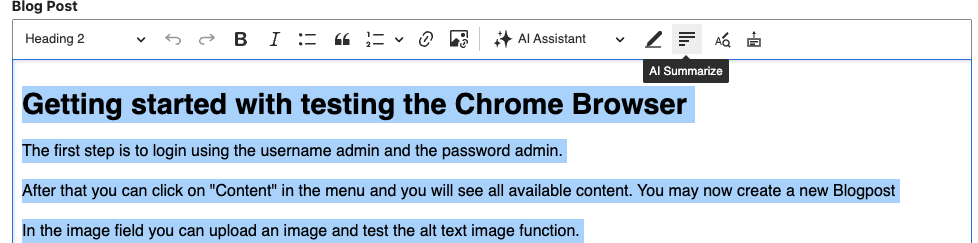 Local AI summarise action in CKEditor