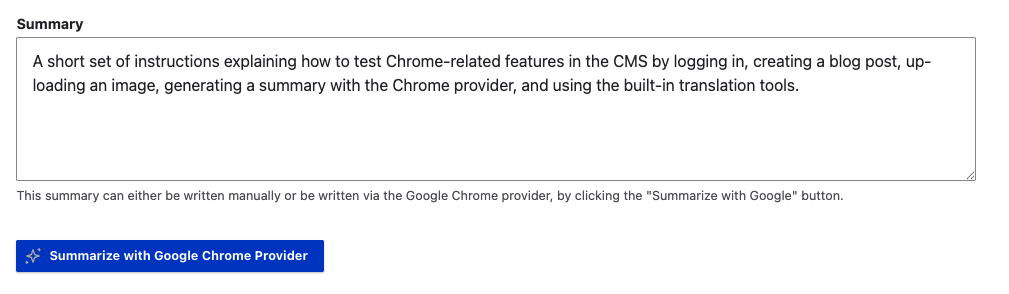 Summary generation action in blog post form